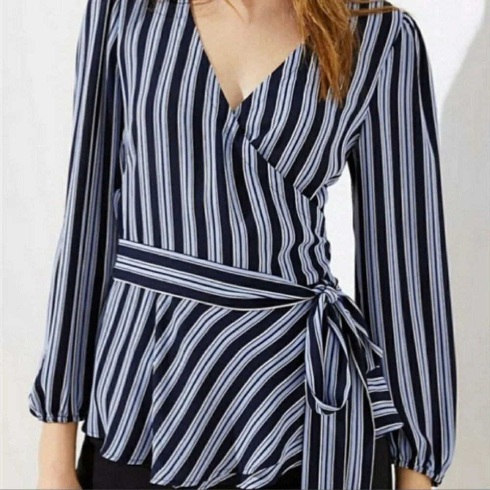 LOFT Navy/Light Blue Striped Surplice V-Neck Belted Peplum Georgette Blouse Top